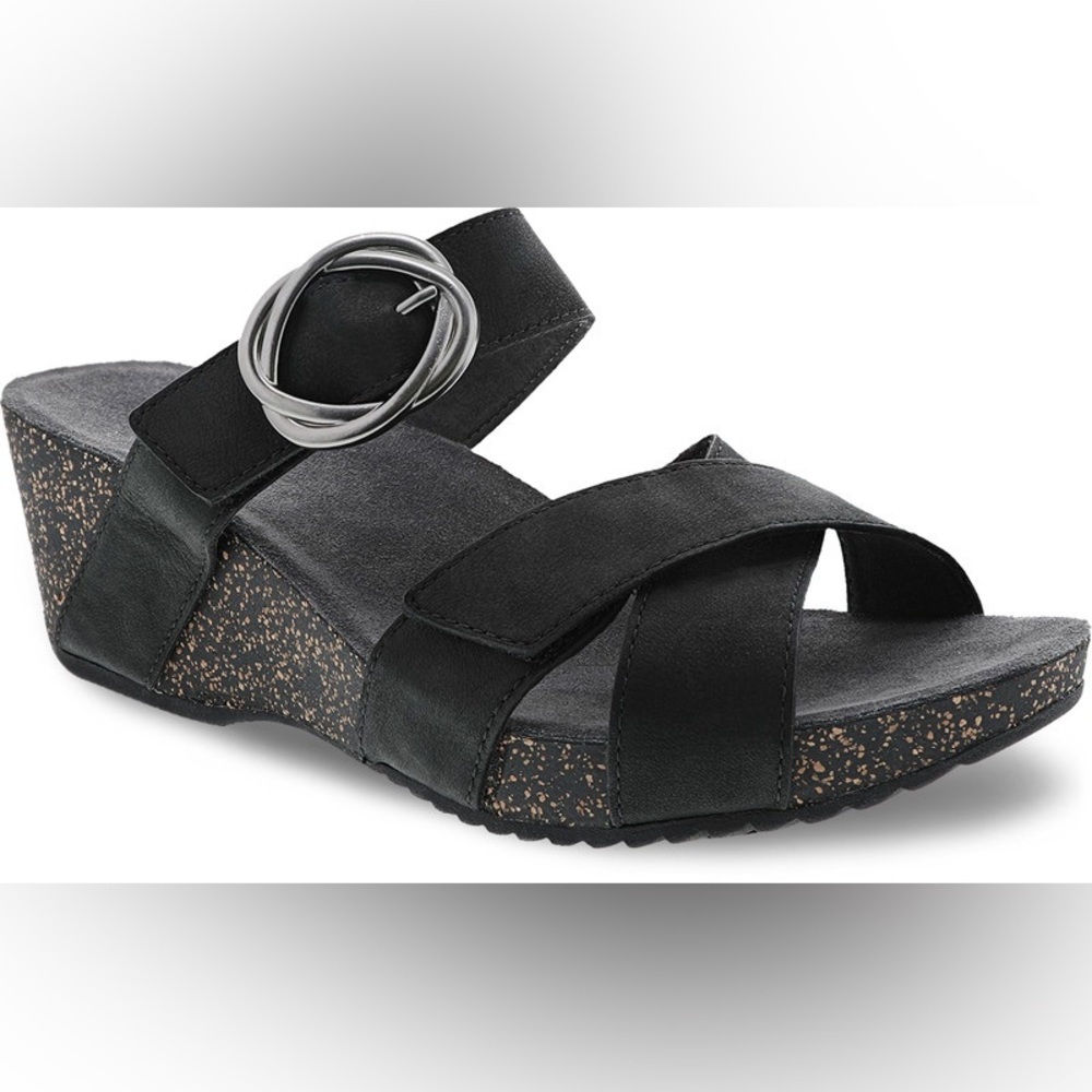 Dansko Susie Black Milled Nubuck Strappy Buckle Cork Wedge Sandal Size 42 - Picture 1 of 10